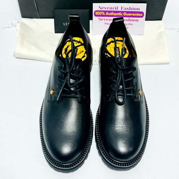 Versace Men\'s 43/ US 10 Black Faux Leather Medusa Derby Lace Up Shoes NIB